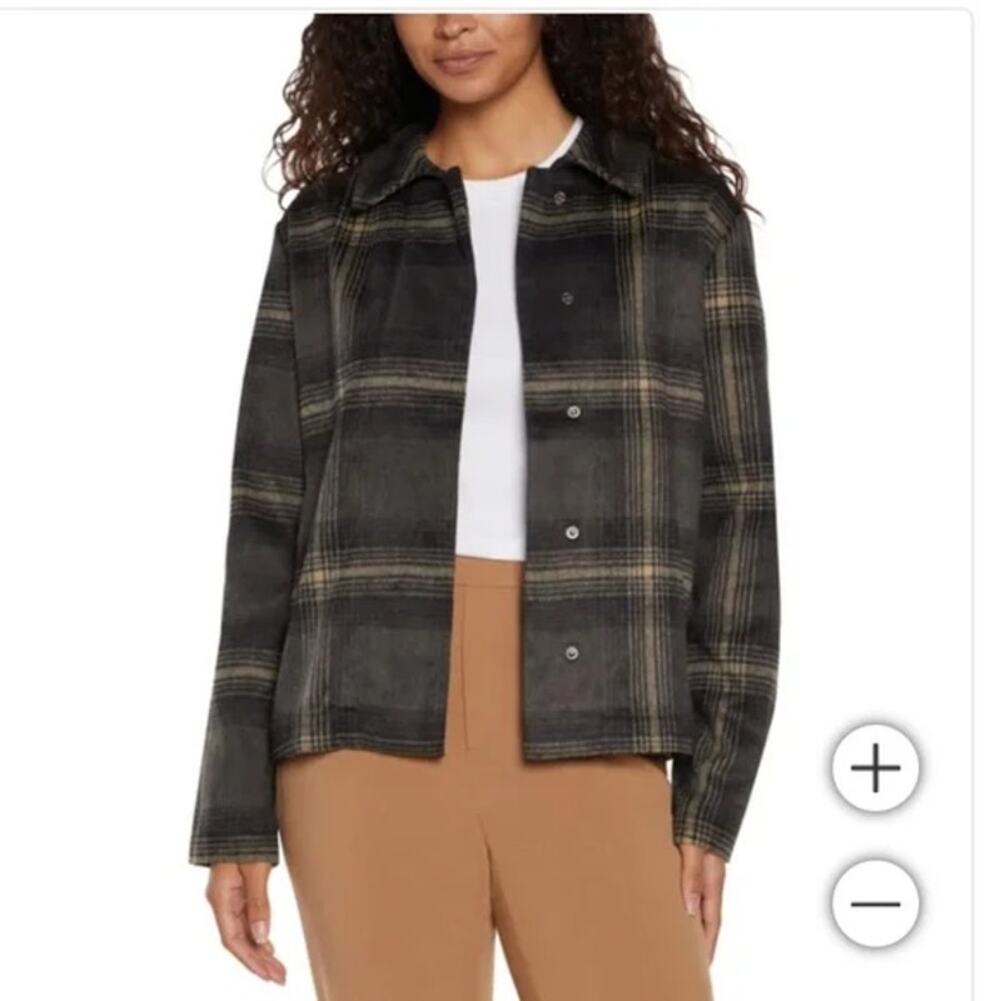 NWT Banana Republic Womens Button Down Plaid Shirt Jacket Grey Plaid Large